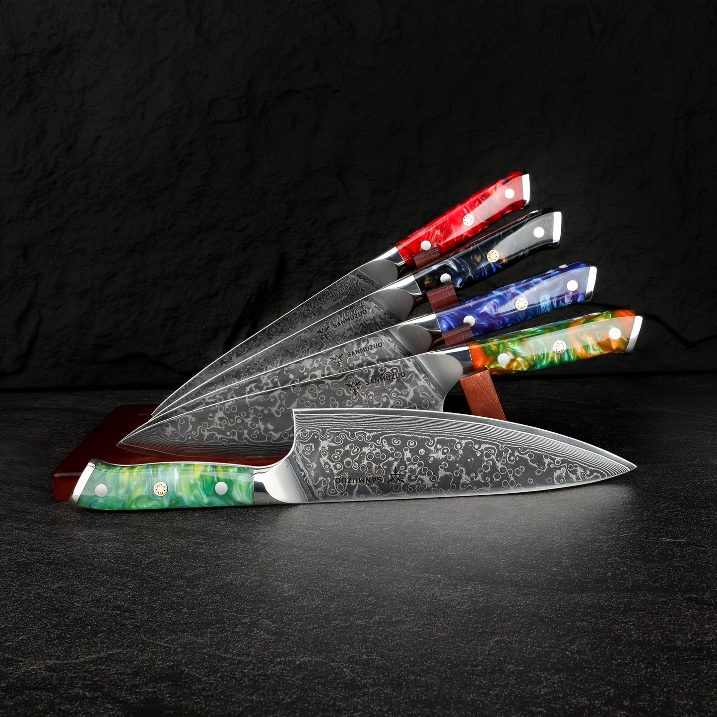 Keukenmes – Koksmes – Schilmes – Officemes – Keukenmessen Set – VG10 Damascus Staal – Groen Resin Handvat