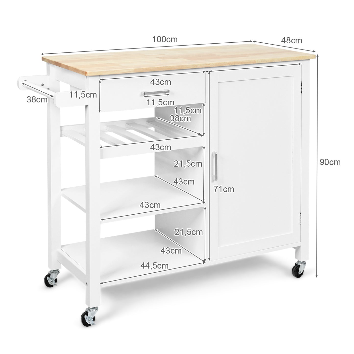 Kunststof Keukentrolley – Keukenwagen – Serveerwagen – Keukeneiland – Rolwagen – Met Wijnrek & Handdoekhouder – Robuust Houten Werkblad – Wielen Met Rem