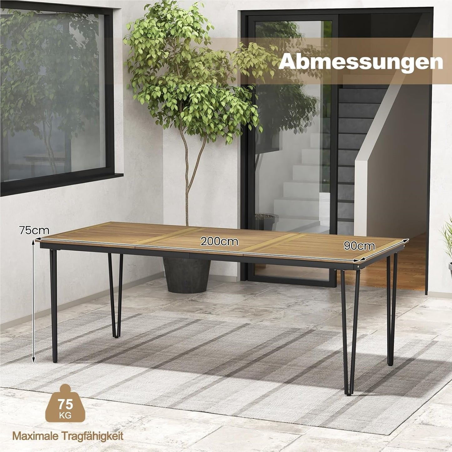 Tuinmeubel Tafel – Buitentafel – Balkon Tafel – Eettafel – Tuin Eettafel – Acaciahouten Tuintafel 200x90 cm – Umbrellagat – Robuust Metaal Frame