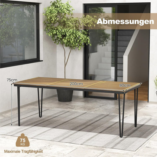 Tuinmeubel Tafel – Buitentafel – Balkon Tafel – Eettafel – Tuin Eettafel – Acaciahouten Tuintafel 200x90 cm – Umbrellagat – Robuust Metaal Frame