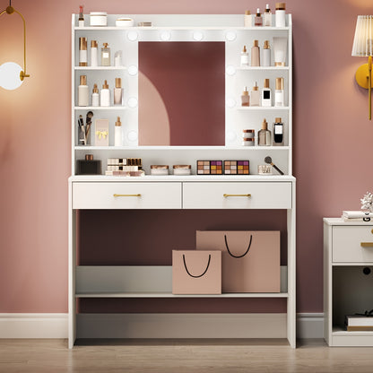Kaptafel – Make-up Tafel – Cosmeticatafel – Sieradentafel – Opbergtafel – Verstelbare LED Spiegelverlichting – 2 Ruime Lades – Wit – Duurzaam Houtmateriaal