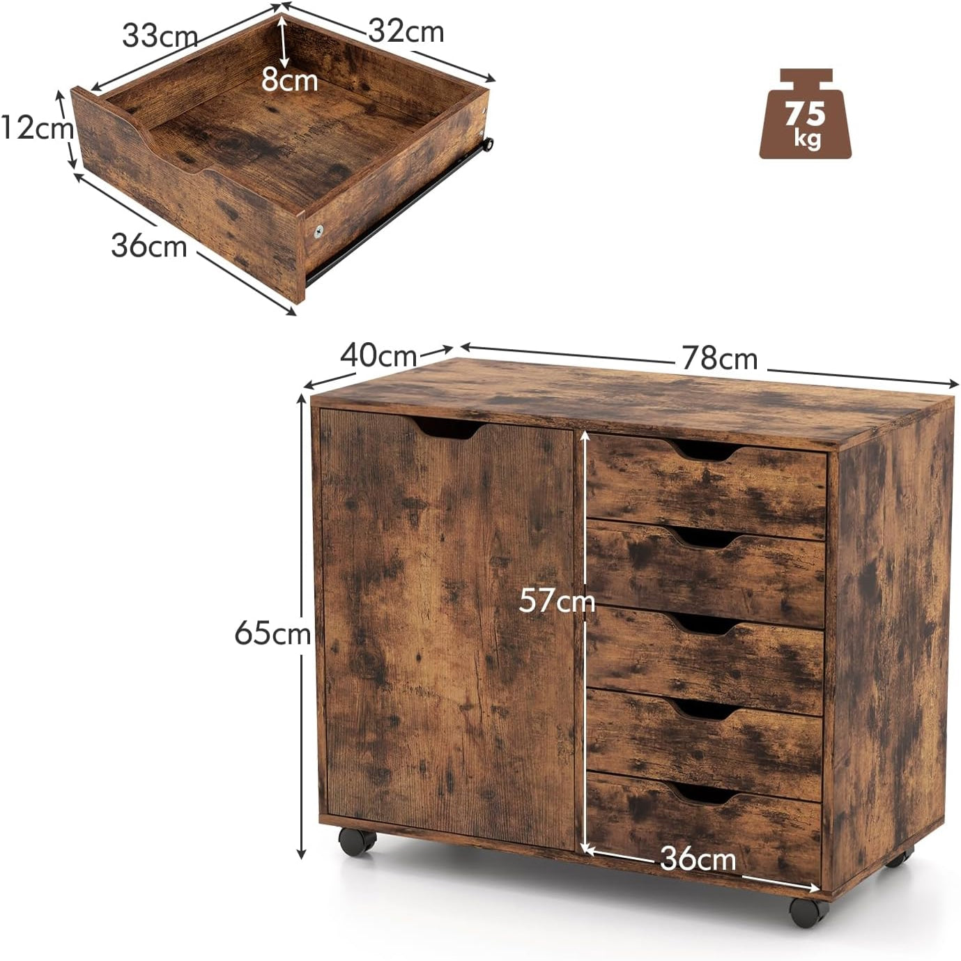 Printerkast – Bureaukast – Opbergkast – Printertafel – Opbergmeubel – Mobiel op wieltjes – Verstelbaar tussenrek – 78x40x65 cm – Houtkleur bruin
