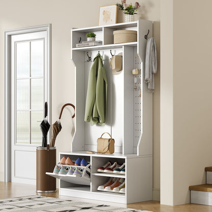 Garderobekast – Kledingkast – Halmeubel – Opbergkast – Kapstok – Wit – Met Bankje – 6 Haken – Ruimtebesparend – Eenvoudige Montage Zonder Gereedschap – 100x186x40 cm