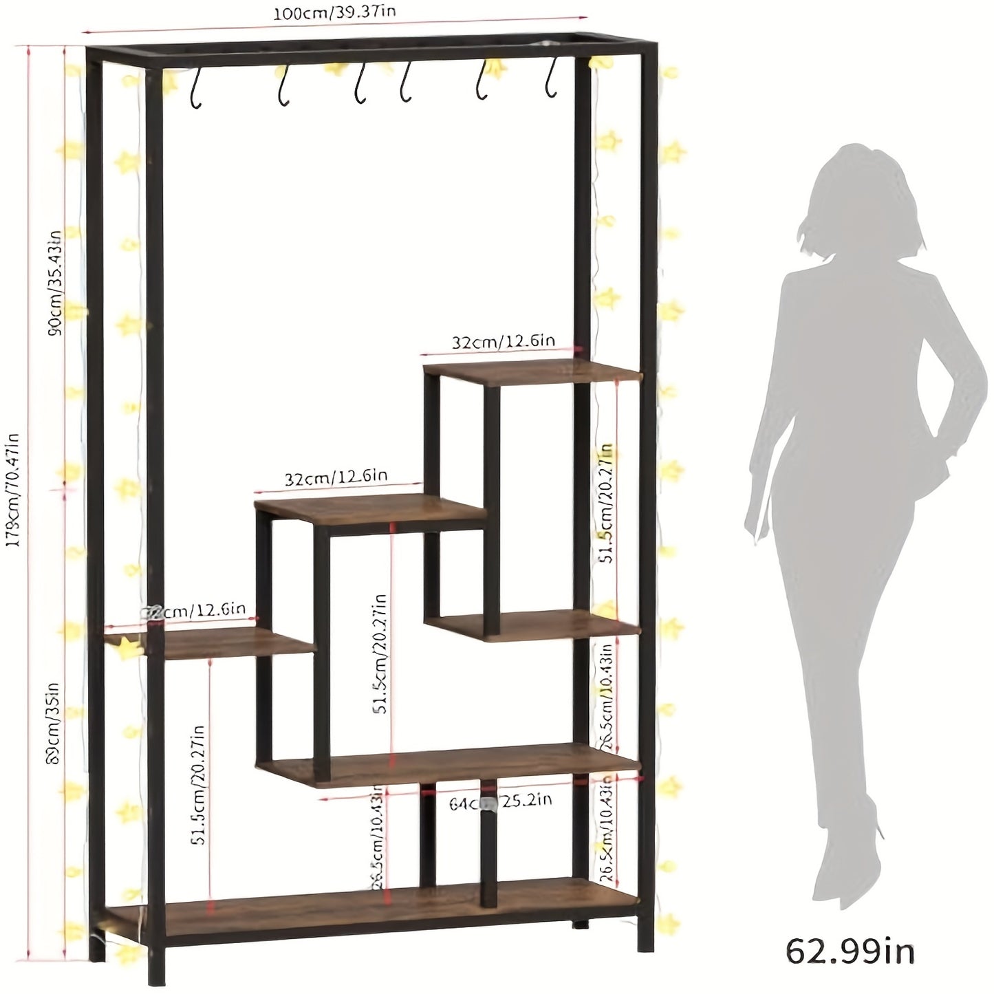 Plantenstandaard Binnen – Plantenrek – Plantenkast – Plantenhouder – Bloementrap – 5 Niveaus – Stevig Metaal & Hout – Inclusief 6 S-Haken – 179 cm Hoog