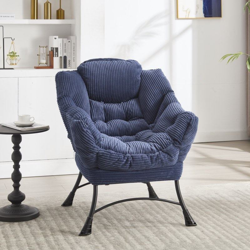 Fauteuil – Lazy Chair – Lounge Chair – Zitstoel – Relaxfauteuil – Navy Blauw – Met Ottoman & Zijvak – Stalen Frame & Flanellen Bekleding