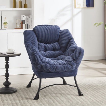 Fauteuil – Lazy Chair – Lounge Chair – Zitstoel – Relaxfauteuil – Navy Blauw – Met Ottoman & Zijvak – Stalen Frame & Flanellen Bekleding