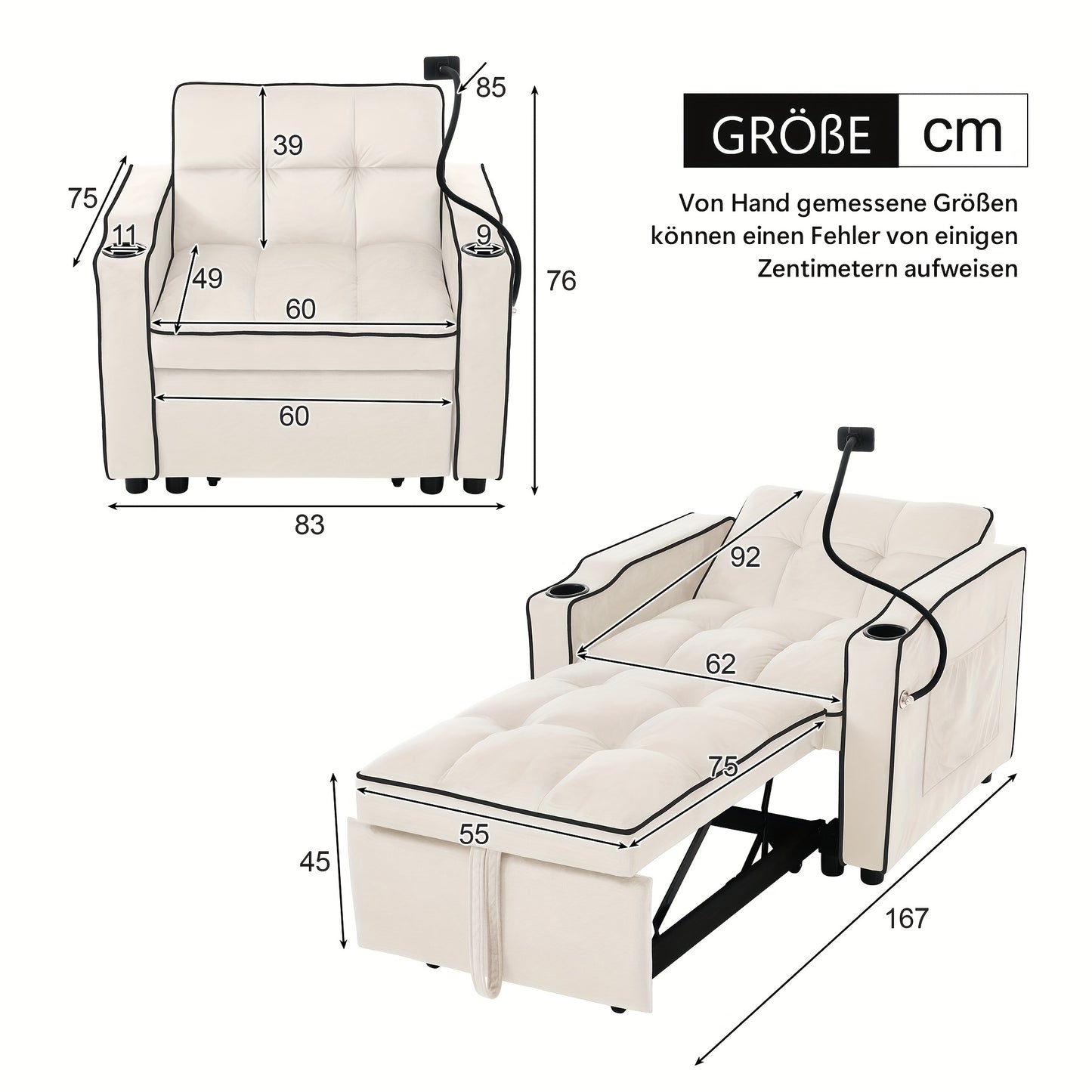 3-in-1 Foam Bank – Slaapbank – Loungestoel – Armstoel – Slaapstoel – Beige – Comfortabele Schuimvulling – Ingebouwde Cup- en Telefoonhouders