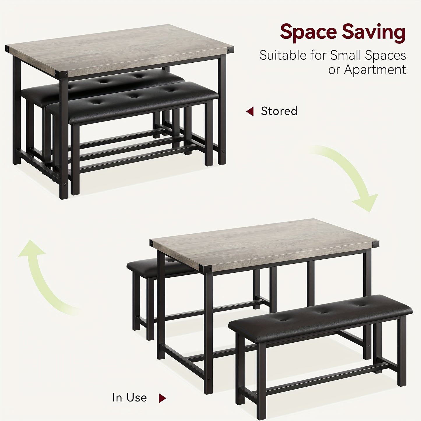 Eetkamerset – Eettafelset – Tafel met Banken – Keukenset – Compacte Eethoek – Vintage Design – Ruimtebesparend – Onderhoudsvriendelijk Grijs