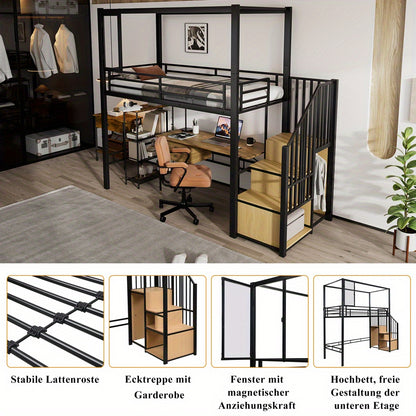 Hoogslaper – Kinderhoogslaper – Stapelbed – Eenpersoonsbed – Bedframe – Met Trap en Kledingkast – Stabiel Metalen Frame – Magnetische Deur – Ruimtebesparend 90x200 cm – Modern Industrieel