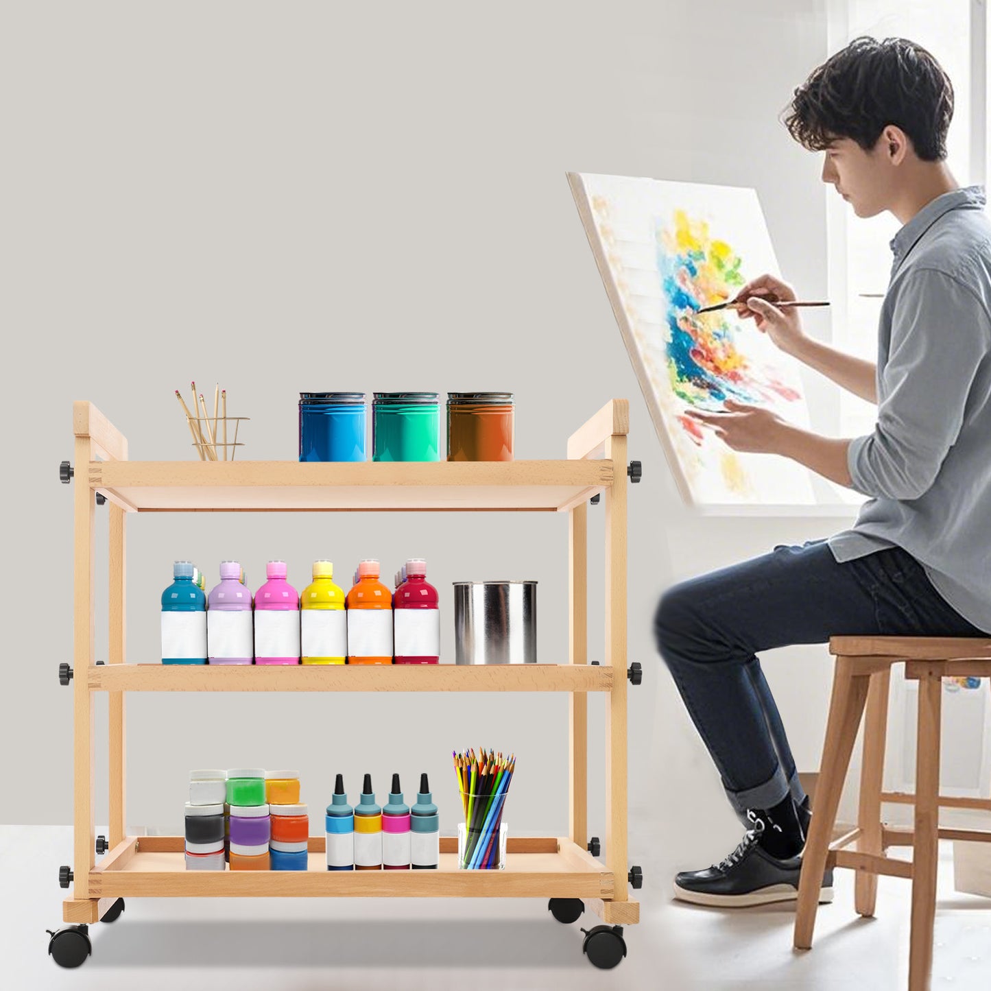 3-laags Kunstwagen – Kunstkar – Opberger – Trolley – Werkstation – Houten Planken – Metalen Frame – Mobiel met Remmen – Stevig & Ruim