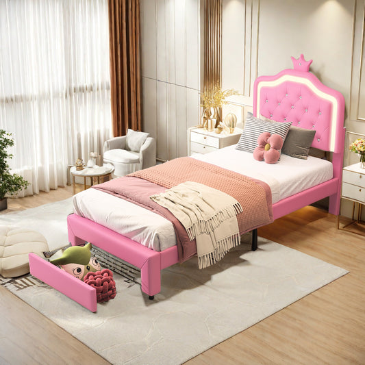 Bedframe – Gestoffeerd Bed – Eenpersoonsbed – Bed met Opbergruimte – Bed met Lattenbodem – 90x200 cm – LED Verlichting – Verstelbaar Hoofdbord