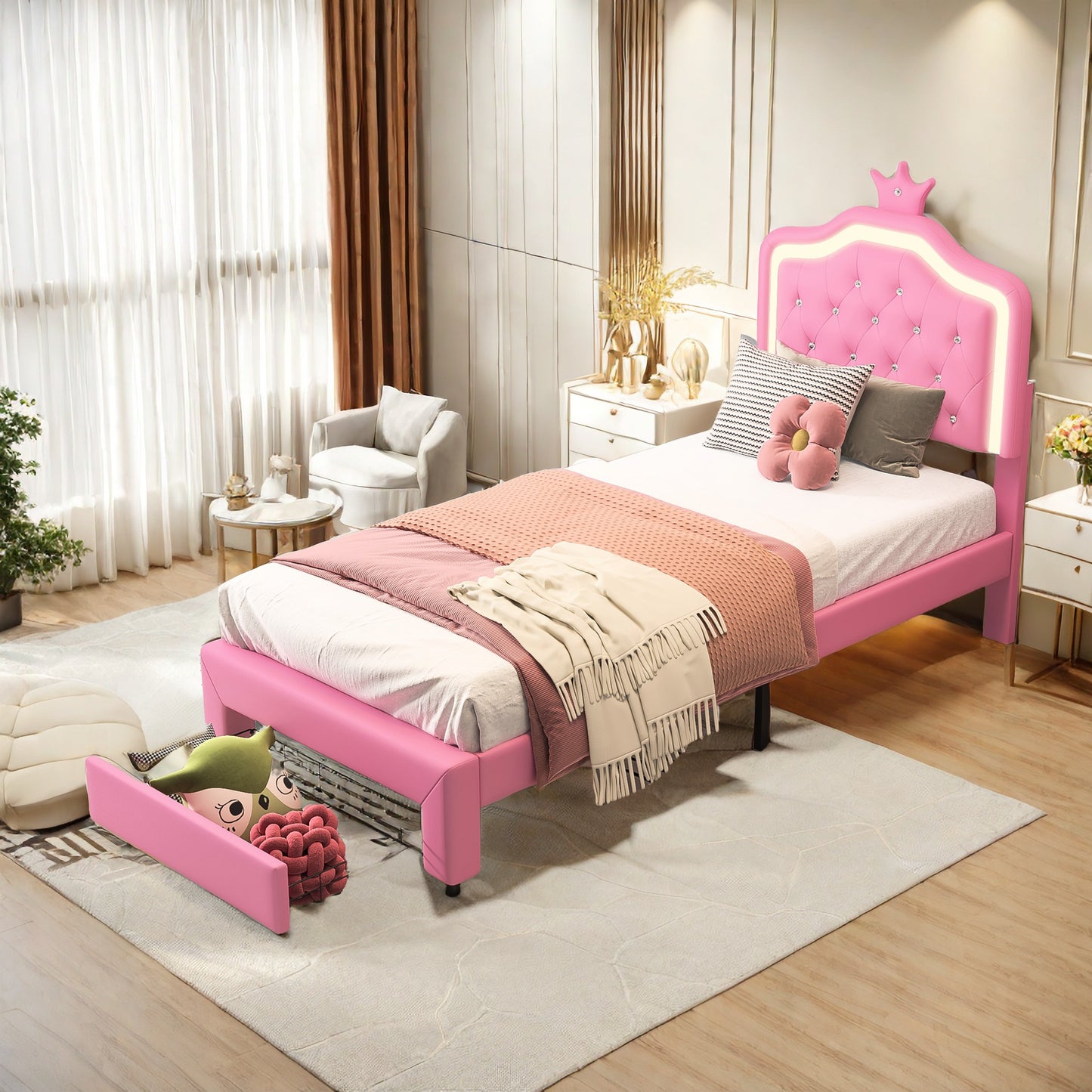 Eenpersoonsbed – Single Bed – Bedframe – Led Bed – Opbergbed – Roze PU-Leder – Verstelbaar Hoofdbord – LED-Verlichting met Afstandsbediening
