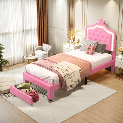 Eenpersoonsbed – Single Bed – Bedframe – Led Bed – Opbergbed – Roze PU-Leder – Verstelbaar Hoofdbord – LED-Verlichting met Afstandsbediening