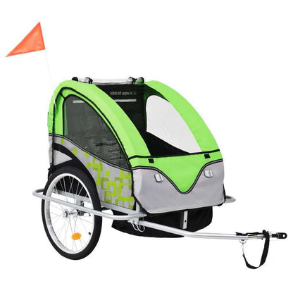 Fietskar – Kinderfietskar – Wandelwagen – Buggy – Fietsaanhanger – 2-in-1 Multifunctioneel – Duurzaam Denimmateriaal – Groen en Grijs