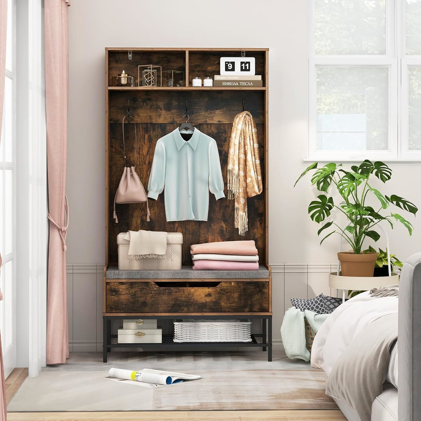 Hall Tree – Kapstok – Garderobebank – Schoenenkast – Halmeubel – 4-in-1 Ontwerp met Zitkussen – Anti-Kantel Beveiliging – Ruime Opbergruimte – Rustiek Bruin