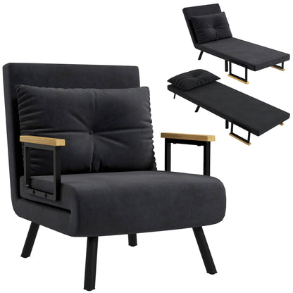 Stoelbed – Slaapstoel – Fauteuil – Slaapfauteuil – Ligstoel – 4-in-1 Multifunctioneel – Verstelbare Rugleuning 5-Posities – Fluweelachtige Stof – Stevig Metalen Frame – Zwart