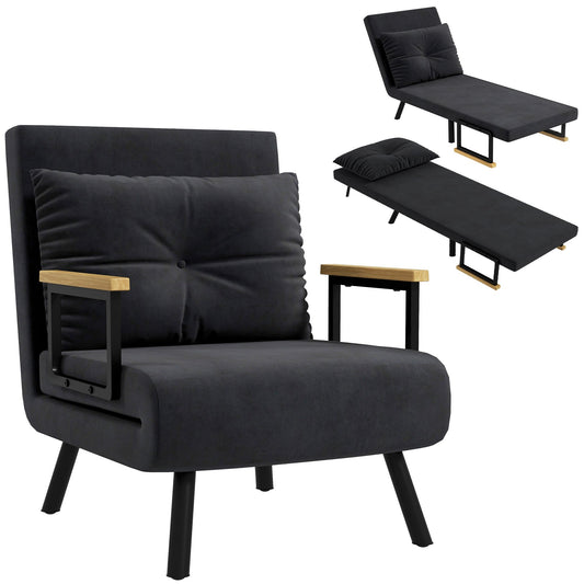 Stoelbed – Slaapstoel – Fauteuil – Slaapfauteuil – Ligstoel – 4-in-1 Multifunctioneel – Verstelbare Rugleuning 5-Posities – Fluweelachtige Stof – Stevig Metalen Frame – Zwart
