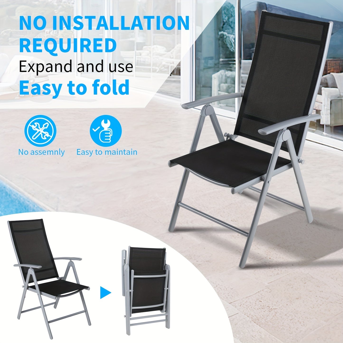 Opvouwbare Stoel – Klapstoel – Campingstoel – Tuinstoel – Lichtgewicht Stoel – Aluminium Frame – Manueel Verstelbare Rugleuning – Zilvergrijs Zwart