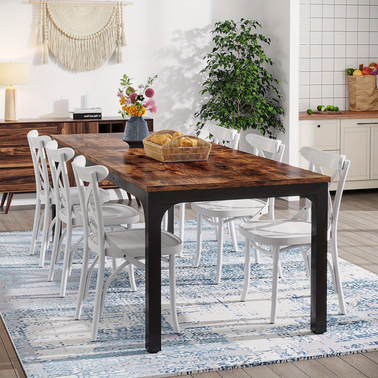 Tafel – Eettafel – Bureau – Werkplek – Eettafel Voor Twee – Extra Lang 200 cm – Robuust Zwart Metaal Met Bruin Houtnerf – Ruimtebesparend Ontwerp