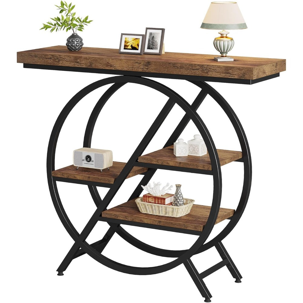 Industriële Sidetable – Haltafel – Wandtafel – Opbergtafel – Bijzettafel – Rustiek Bruin – Geometrisch Metalen Frame – 4 Niveaus Met Stevig 4cm Tafelblad