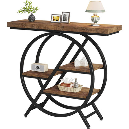 Industriële Sidetable – Haltafel – Wandtafel – Opbergtafel – Bijzettafel – Rustiek Bruin – Geometrisch Metalen Frame – 4 Niveaus Met Stevig 4cm Tafelblad