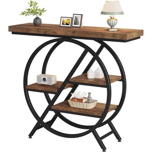 Industriële Sidetable – Haltafel – Wandtafel – Opbergtafel – Bijzettafel – Rustiek Bruin – Geometrisch Metalen Frame – 4 Niveaus Met Stevig 4cm Tafelblad