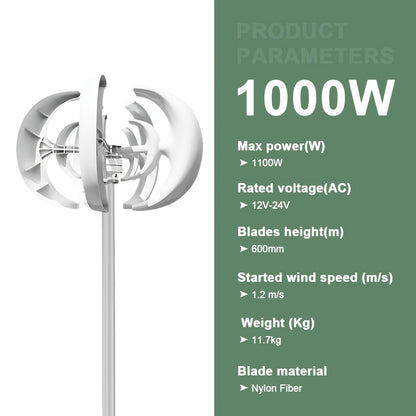 Windmolen – Windturbine – Verticale Windmolen – Windenergie Generator – 1000W Vermogen – Stil Geluid, MPPT-Controller Inclusief