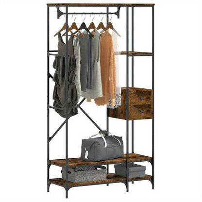Multi-Tier Metal Clothes Rack with Smoked Oak Wood Shelves - Freestanding Storage Organizer for Bedroom, Bathroom, Wardrobe - Perfect for Hanging Clothes, Bags & Accessories, Clothes Organizer Storage