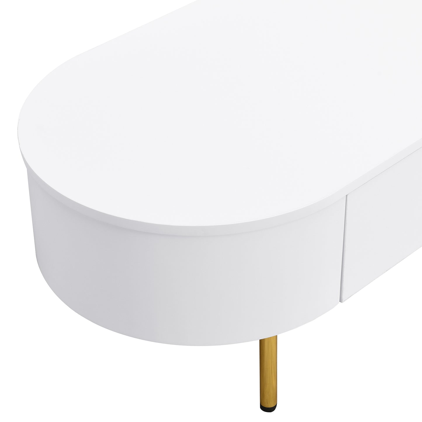 Salontafel Ovaal – Woonkamer Tafel – Koffietafel – Bijzettafel – Wit Met Gouden Details – 2 Opberglades – Afgeronde Hoeken – MDF 108 cm