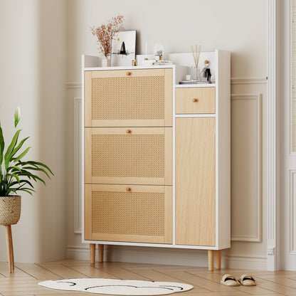 Schoenenkast – Schoenenrek – Schoenenopberger – Schoenenmeubel – Schoenenkastje – Smal Design – MDF en Massief Hout – 90x125x17 cm – 3 Kantelbare Deuren en Lade – Natuurlijk Houtlook