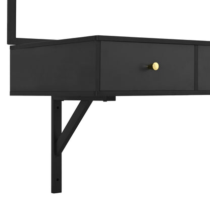 Hanging dressing table with mirror, with 3 drawers, flat card slot, cup holder; black, dimensions 100 x 105 x 45cm (W x H x D), Compact Dressing Station, Minimalist Decor, Contemporary Furniture, Metal Frame, Hanging Mirror,