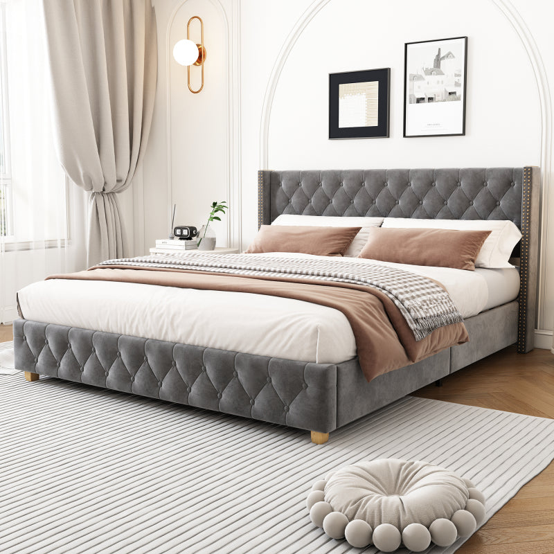 Gestoffeerd Bed – Velvet Bed – Eenpersoonsbed – Slaapbed – Lattenbodem Bed – Grijze Velvet Bekleding – 140 x 190 cm – Stevig Met Klinknagel Afwerking