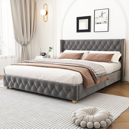 Gestoffeerd Bed – Velvet Bed – Eenpersoonsbed – Slaapbed – Lattenbodem Bed – Grijze Velvet Bekleding – 140 x 190 cm – Stevig Met Klinknagel Afwerking