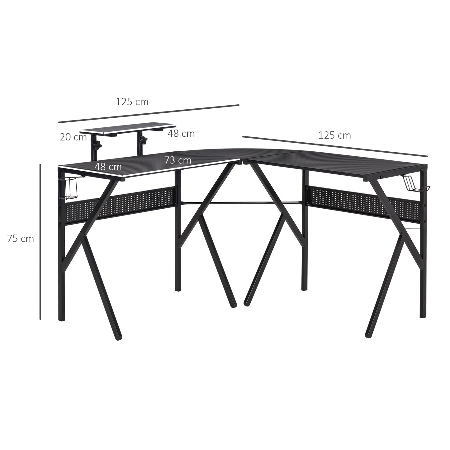 Hoekgamingbureau – Gamingbureau – Computerbureau – Werkbureau – Bureau hoekmodel – Carbon fiber textuur – Verstelbare schermplank – Metalen frame zwart