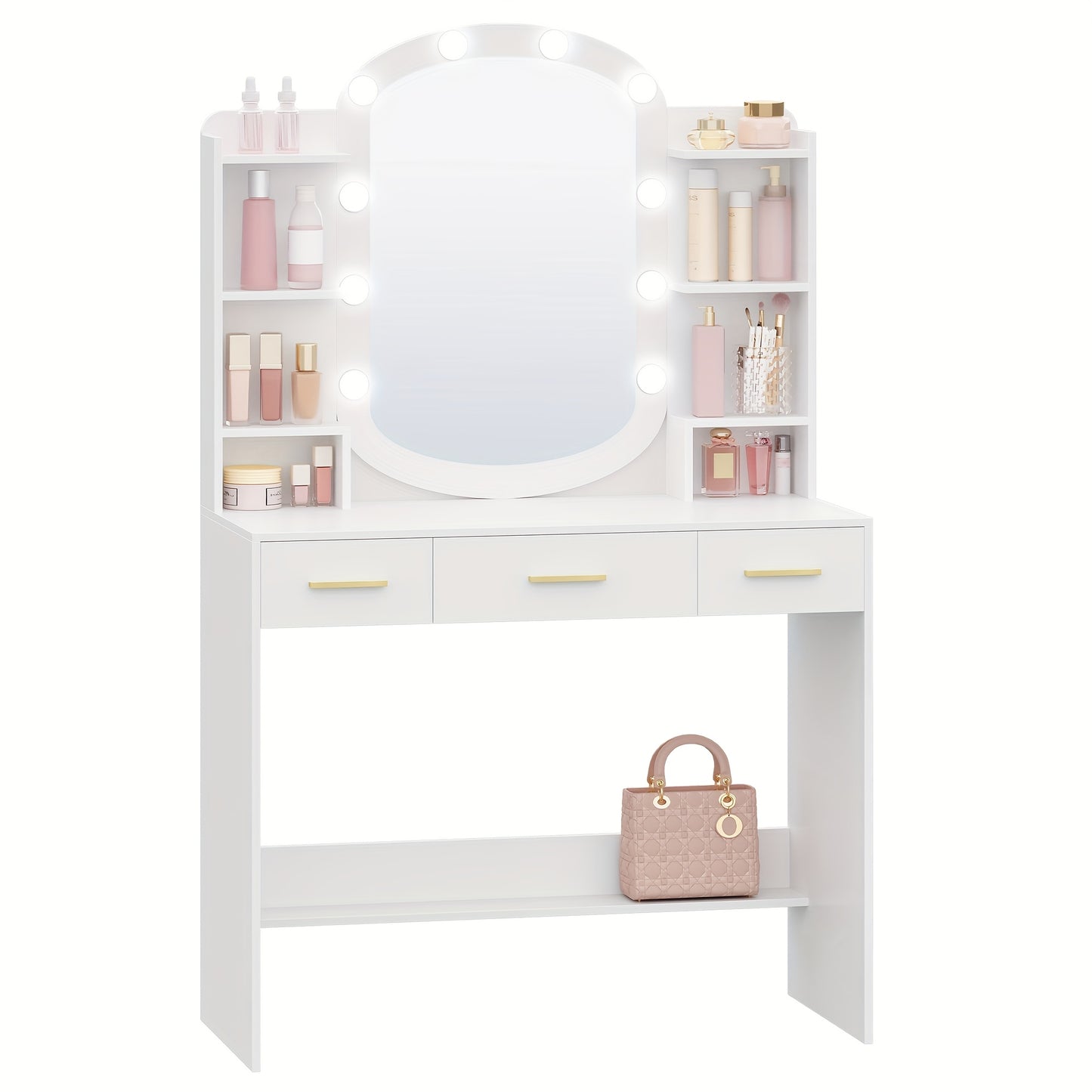 Makeuptafel – Kaptafel – Cosmeticatafel – Vanitafel – Make-up Tafel – Witte Make-up Tafel met Ovale Spiegel – 10 LED Lampjes met Instelbare Helderheid – 3 Lades en 6 Open Vakken, 40x90x144 cm
