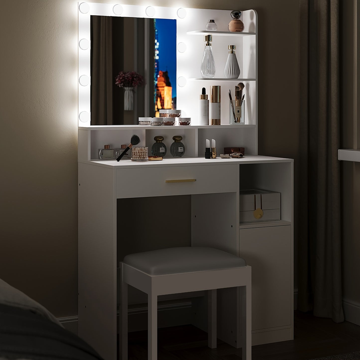 Make-up Tafel – Kaptafel – Schminktafel – Toilettafel – Vanity Unit – 10 LED Lampjes – 3 Instelbare Lichtstanden – 3 Planken & 4 Open Vakken – Grote Lade & Kastje – Wit MDF