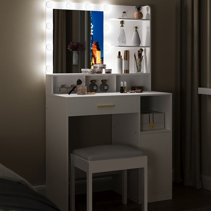 Kaptafel – Make-uptafel – Visagietafel – Schminktisch – Toilletset – Met Spiegel – 10 LED Lampjes – Verstelbare Lichtsterkte – 3 Open Planken – Inclusief Grote Lade en Kast