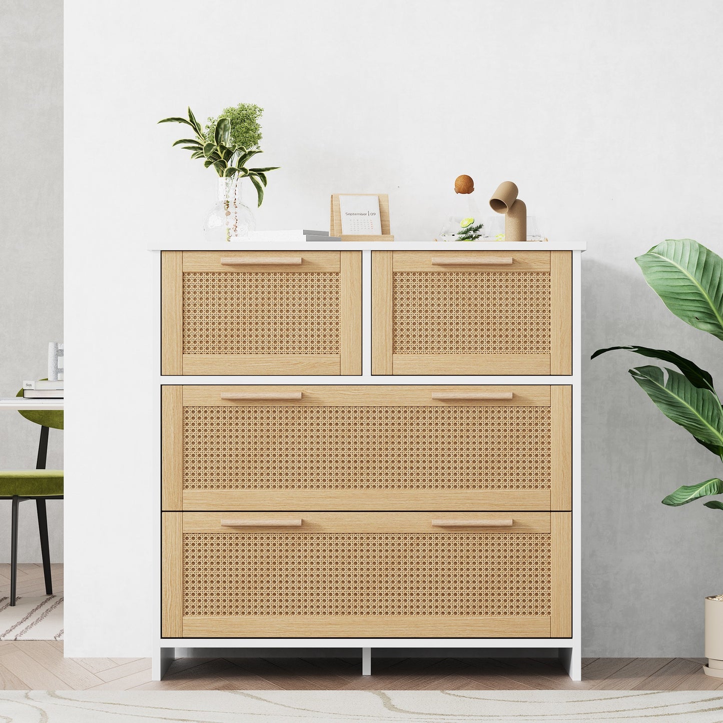 Opbergkast – Dressoir – Ladekast – Kast – Rattan Kast – 4 Grote Laden – Natuurlijk Wit Hout