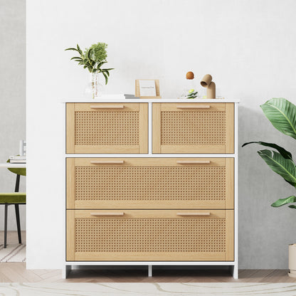 Opbergkast – Dressoir – Ladekast – Kast – Rattan Kast – 4 Grote Laden – Natuurlijk Wit Hout