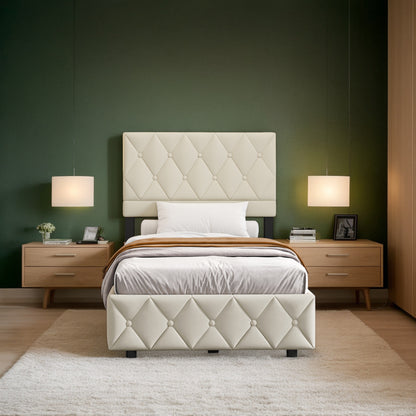 Boxspringbed – Boxspring – Tweepersoonsbed – Opbergbed – Slaapbank – Hydraulische Opbergruimte – Button-Tufted Hoofdbord – 90x200 cm Beige
