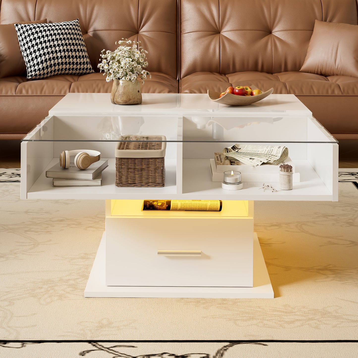 Salontafel – Tv-tafel – Bijzettafel – Koffietafel – Woonkamertafel – Verstelbare Hoogte – Hoogglans Wit Met Opbergruimte