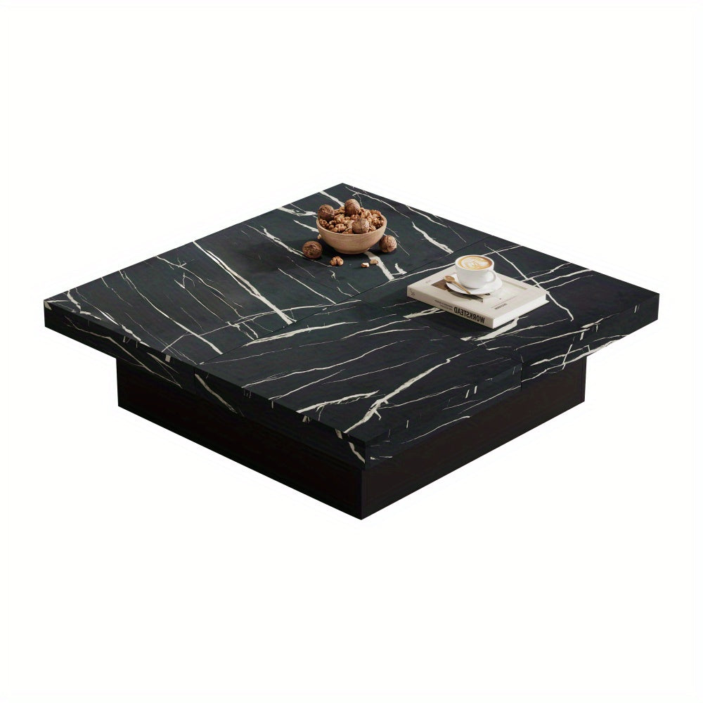 Salontafel – Woonkamertafel – Koffietafel – Bijzettafel – Tafel – Zwart Modern Vierkant – Marmerlook Blad – 90x90x25 cm – Vier Lades & Schuifblad – Max. Belastbaar 30 kg
