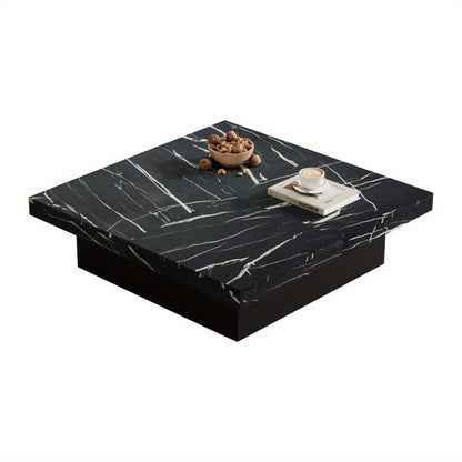 Salontafel – Woonkamertafel – Koffietafel – Bijzettafel – Tafel – Zwart Modern Vierkant – Marmerlook Blad – 90x90x25 cm – Vier Lades & Schuifblad – Max. Belastbaar 30 kg