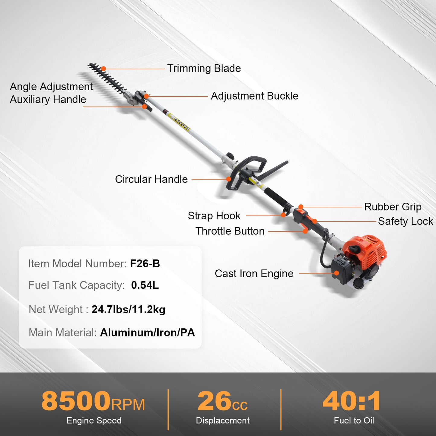 Heggenschaar – Hagenknipper – Snoeischaar – Takkenschaar – Benzine Heggenschaar – 26CC 2-Takt Motor – Draaibare Snoeikop 270°