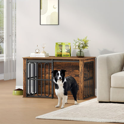 Hondenbench – Hondenhok – Hondenkooi – Hondenren – Rustieke Bruine Houten Hondenbench Met Dubbele Schuifdeuren – 60 × 100 × 62,4 cm – Stevige Materiaalcombinatie Van Hout En Metaal