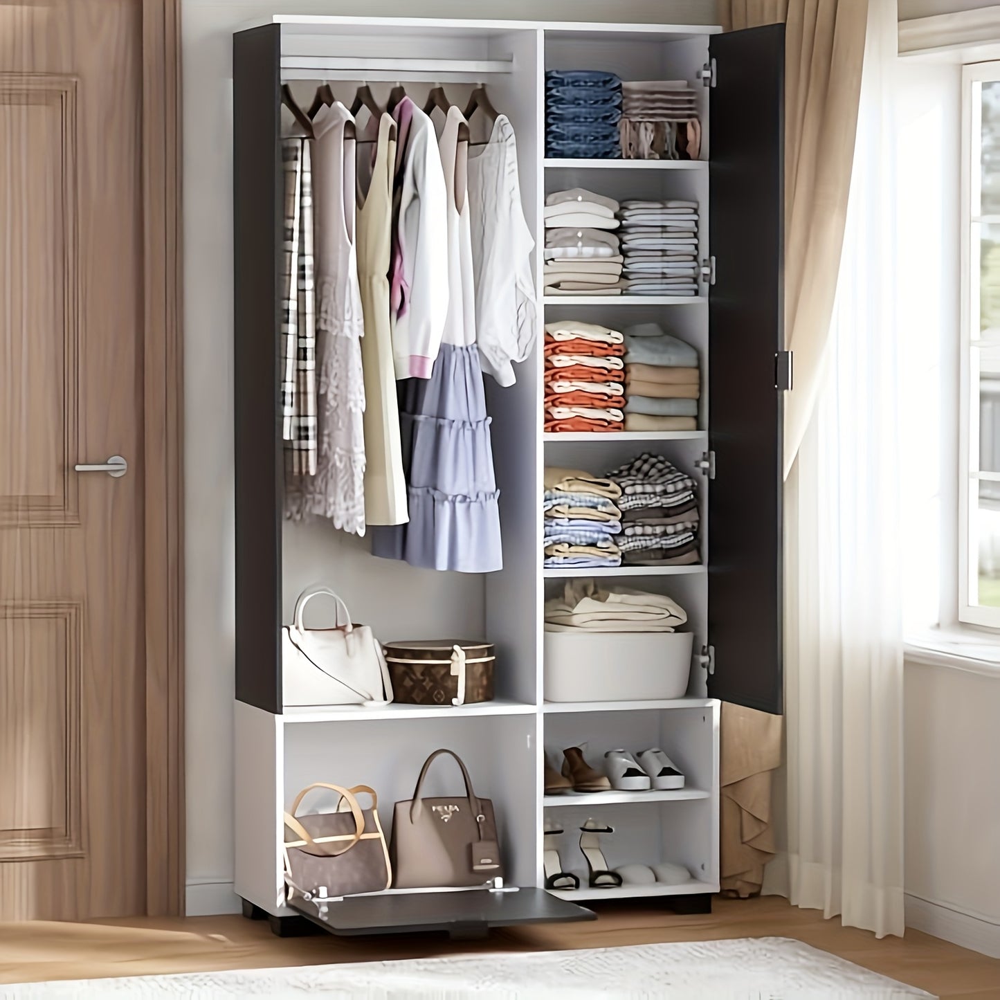 Witte Kledingkast – Garderobekast – Kapstok – Schoenenkast – Opbergkast – Inclusief Spiegel – Compact 100x33x190 cm – Met Kledingroede en Schoenlade