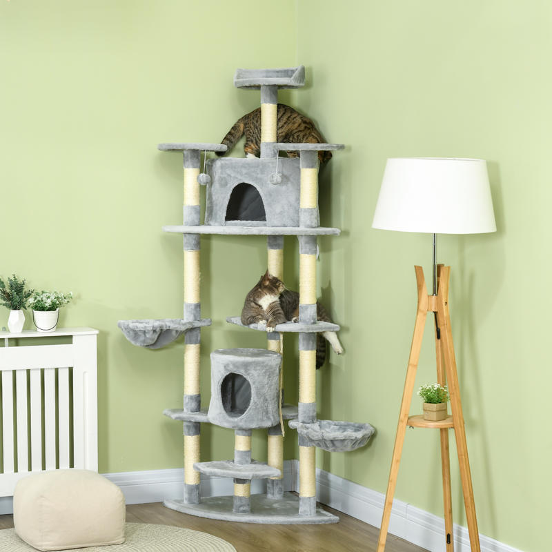 Krabpaal – Kattenboom – Kattenhuis – Krabmeubel – Kattenmand – Twee Hangmatten & Kattenholletjes – Lichtgrijs Sisal & Pluche Speeltje