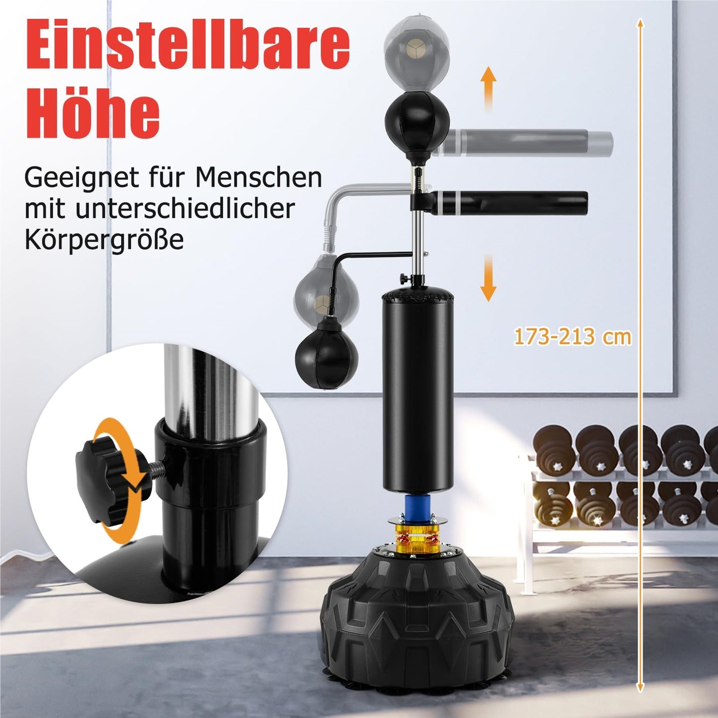 Bokszak – Staande Bokszak – Boksbal – Bokspaal – Kickboks Zak – Verstelbaar 168-201 cm – 360° Reflexstok met 2 Speedballs