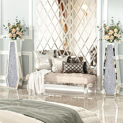 Extra Hoge Vaas – Grote Vazen – Bloemvaas – Interieurvaas – Decoratieve Vaas – Set Van 2 – Spiegelend Glas Met Crushed Diamond – 68 Cm Hoog