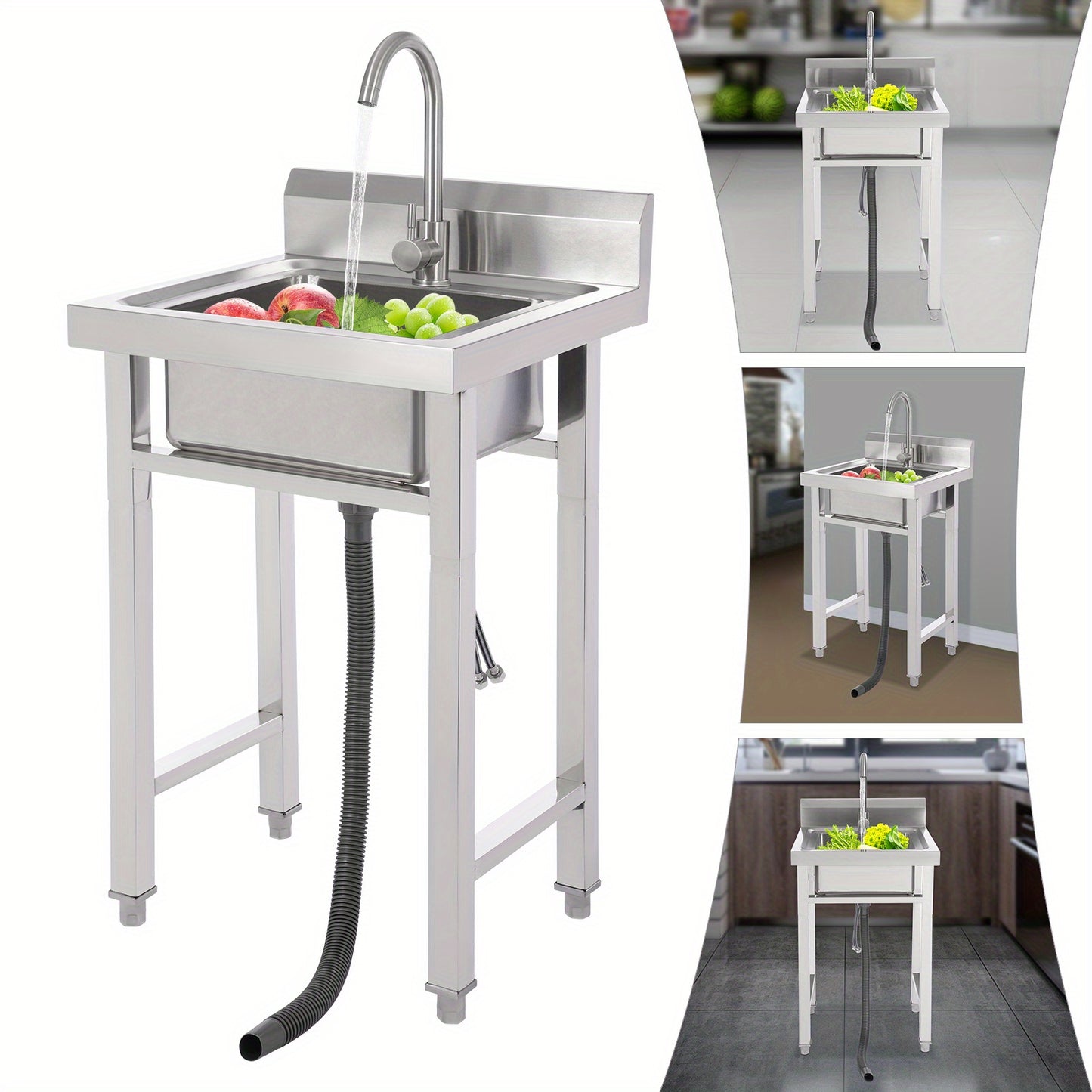 TOOL1SHOOO 201 Stainless Steel Commercial Sink Set, equipped with a 360° rotating faucet, large capacity sink dimensions of 35.0 x 30.99 x 19.0 cm, adjustable foot pads, with a filter basket and lid, suitable for cafes, rest